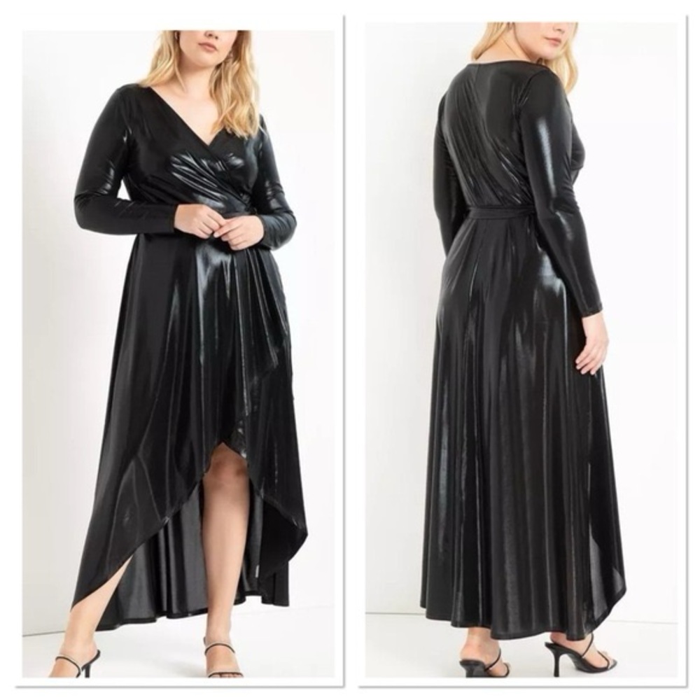 Eloquii Metallic Maxi Wrap Dress in black. Size 22 NWT